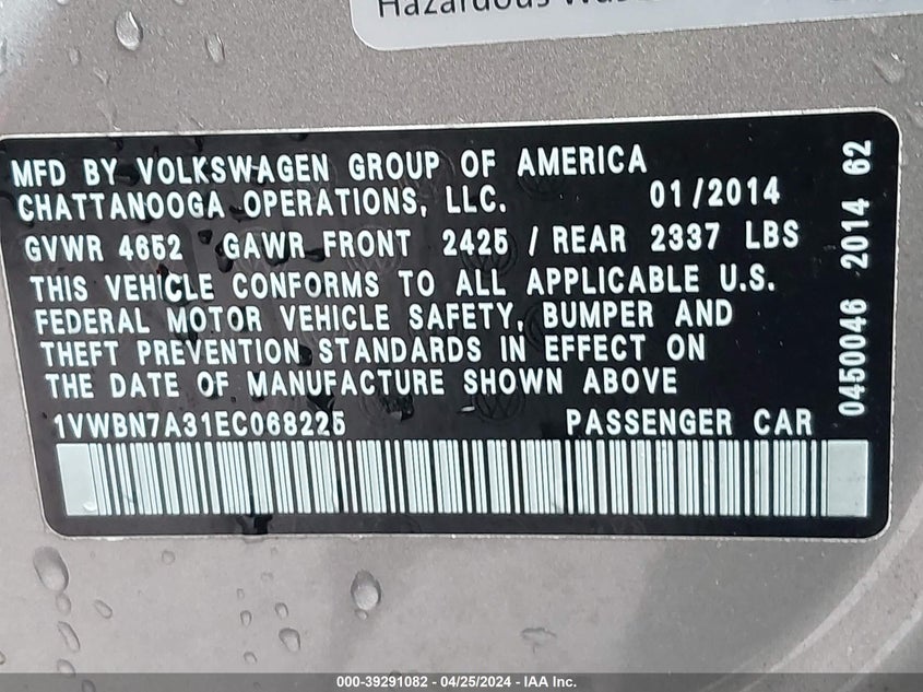 2014 VOLKSWAGEN PASSAT 2.0L TDI SE - 1VWBN7A31EC068225