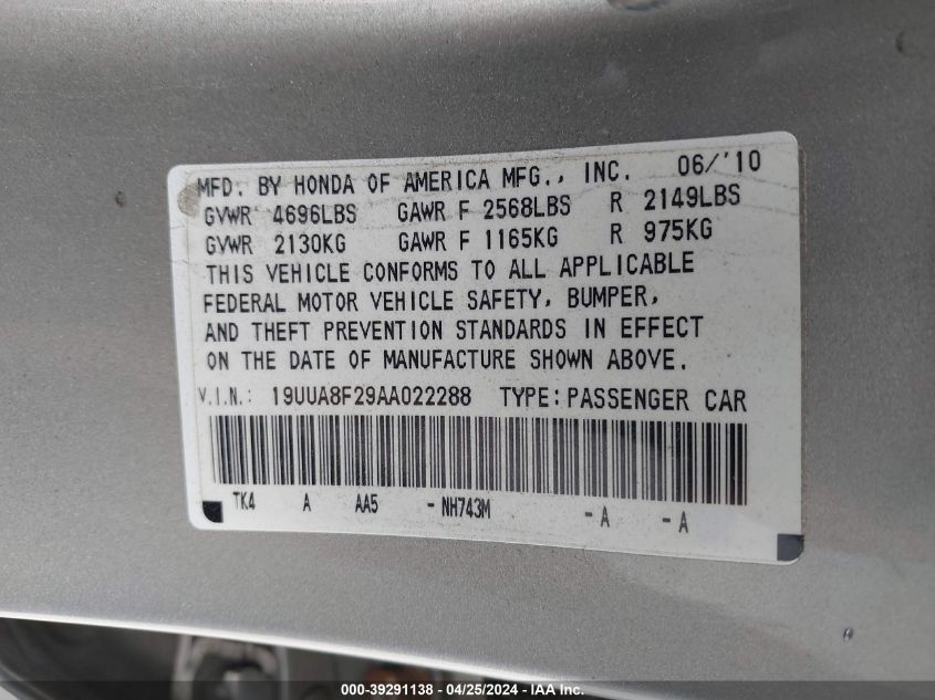 19UUA8F29AA022288 2010 Acura Tl 3.5