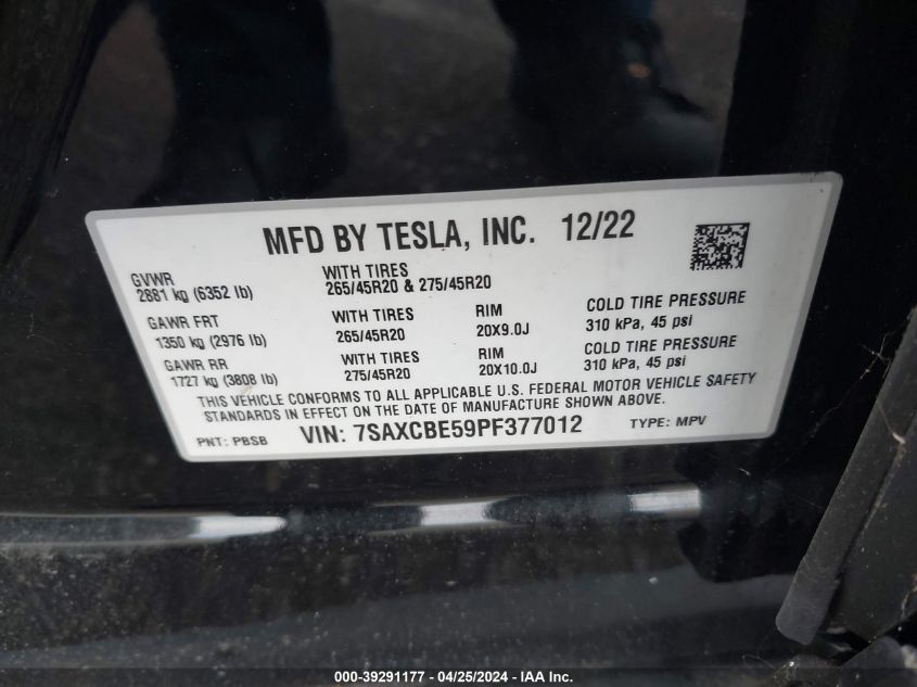 2023 Tesla Model X Dual Motor All-Wheel Drive/Standard Range VIN: 7SAXCBE59PF377012 Lot: 39291177