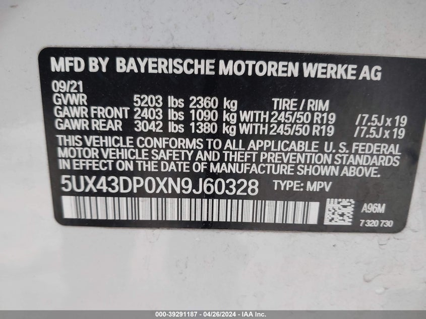 VIN 5UX43DP0XN9J60328 2022 BMW X3 SDRIVE30I