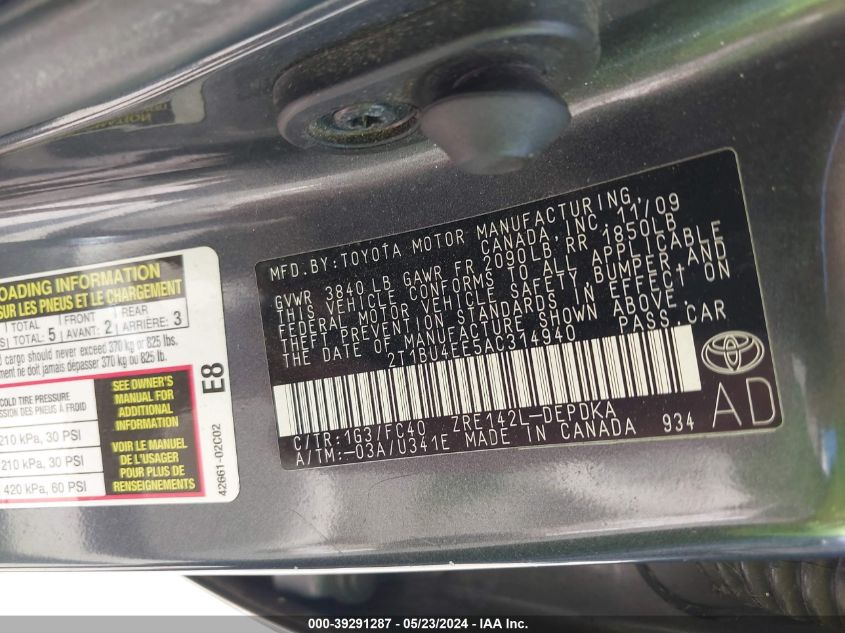 2010 Toyota Corolla Le VIN: 2T1BU4EE5AC314940 Lot: 39291287