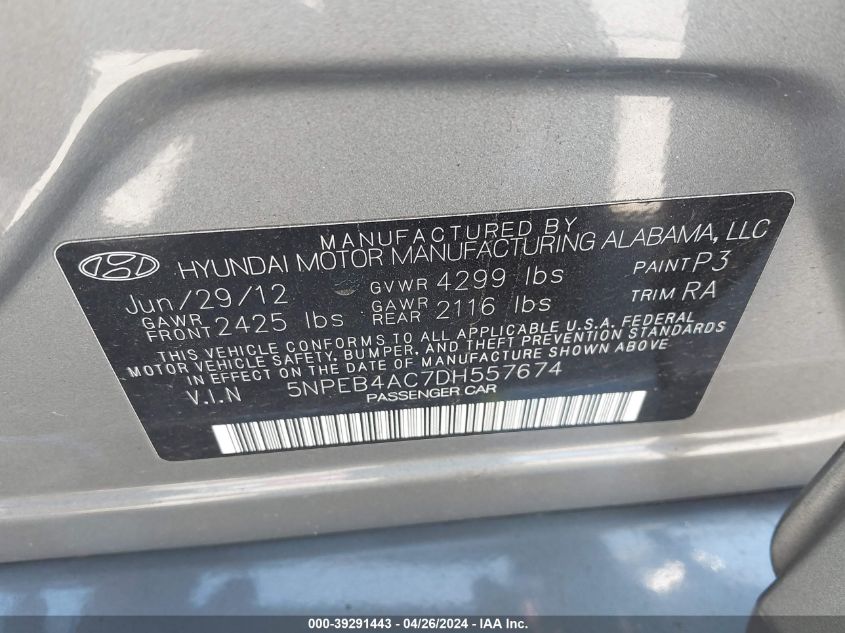 5NPEB4AC7DH557674 | 2013 HYUNDAI SONATA