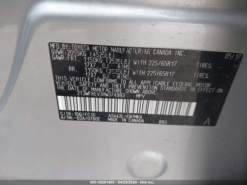 VIN 2T3WFREV3HW374983 2017 TOYOTA RAV4 XLE
