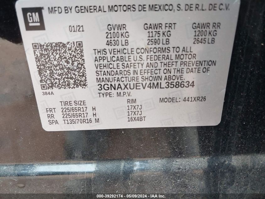 2021 CHEVROLET EQUINOX LT - 3GNAXUEV4ML358634