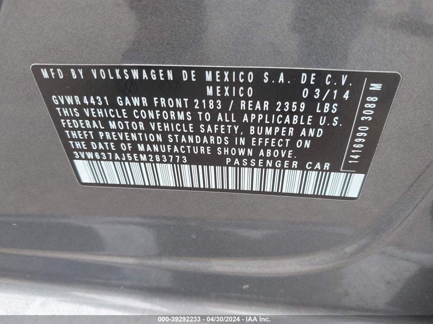 2014 VOLKSWAGEN JETTA HYBRID SE 3VW637AJ5EM283773