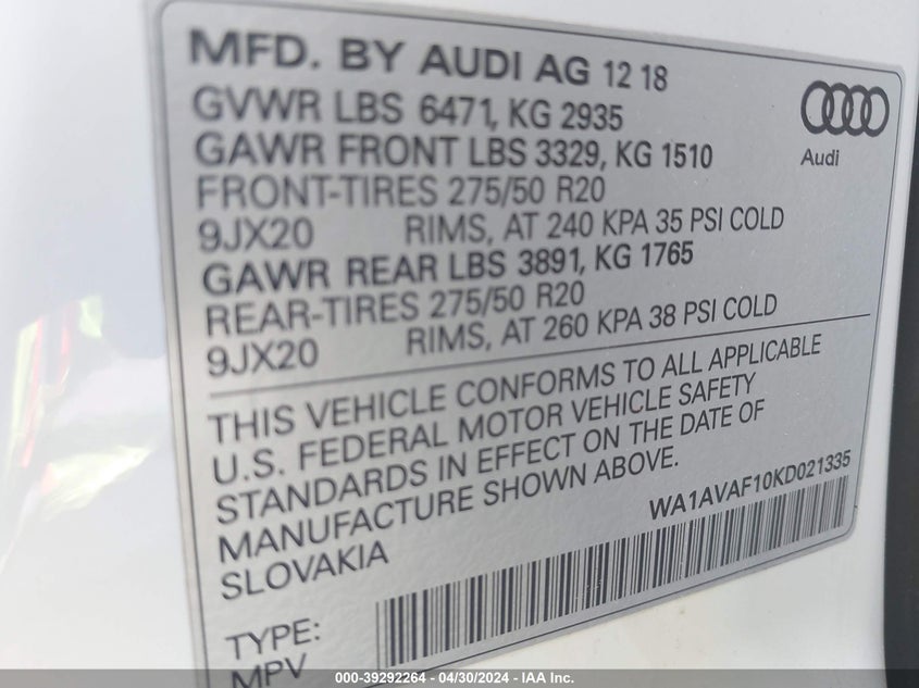 2019 AUDI Q8 PREMIUM - WA1AVAF10KD021335