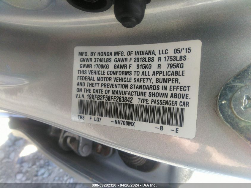 19XFB2F58FE263842 | 2015 HONDA CIVIC