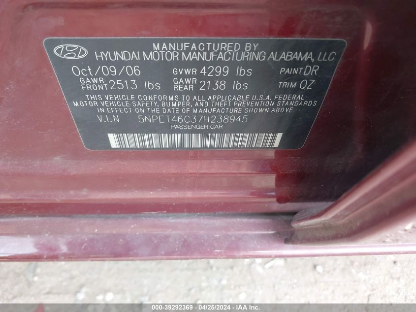 5NPET46C37H238945 | 2007 HYUNDAI SONATA