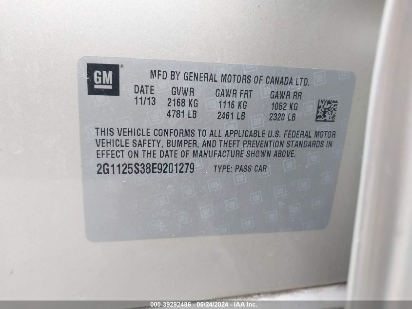 2014 Chevrolet Impala 2Lt VIN: 2G1125S38E9201279 Lot: 39292486