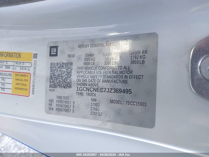 2018 CHEVROLET SILVERADO 1500 WT - 1GCNCNEC7JZ369495