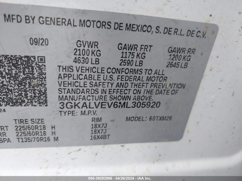 2021 GMC Terrain Awd Slt VIN: 3GKALVEV6ML305920 Lot: 39292966