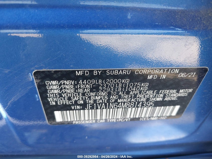 2021 SUBARU WRX LIMITED - JF1VA1N64M8814395