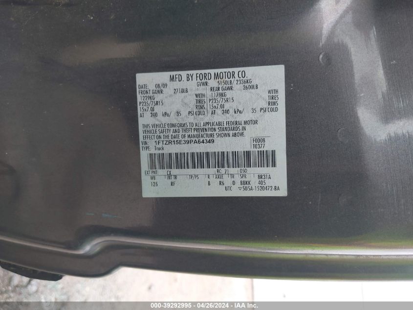 2009 Ford Ranger Fx4 Off-Road/Sport/Xl/Xlt VIN: 1FTZR15E39PA64349 Lot: 39292995