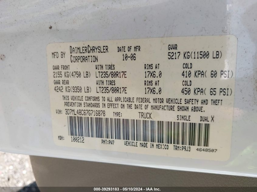 2007 Dodge Ram 3500 St VIN: 3D7ML48C67G716878 Lot: 39293183