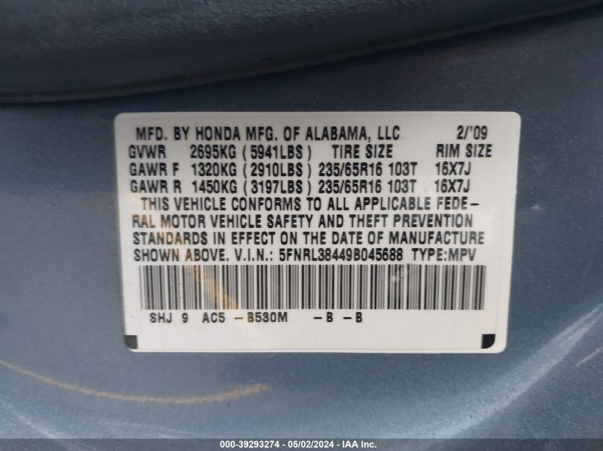 2009 Honda Odyssey Ex VIN: 5FNRL38449B045688 Lot: 39293274