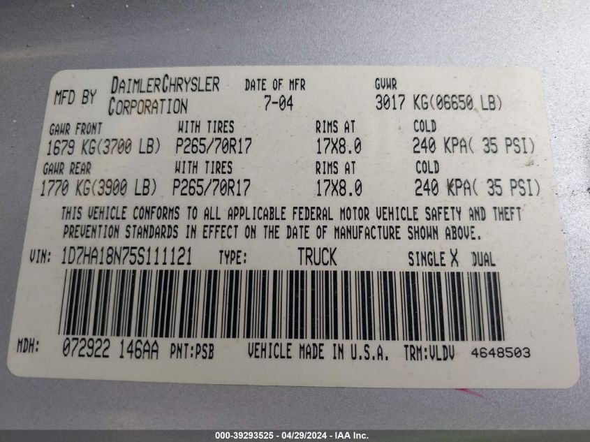 1D7HA18N75S111121 2005 Dodge Ram 1500 Slt/Laramie