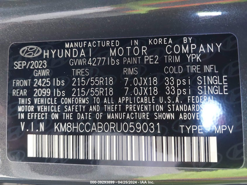VIN KM8HCCAB0RU059031 2024 HYUNDAI KONA SEL