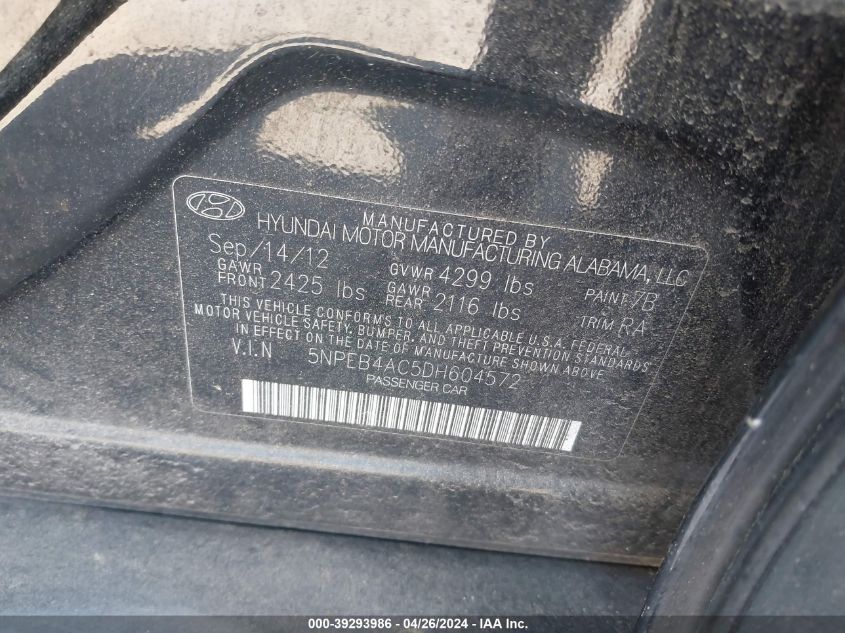 5NPEB4AC5DH604572 | 2013 HYUNDAI SONATA