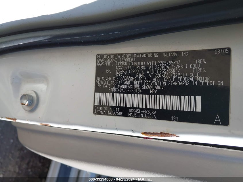 2006 TOYOTA SEQUOIA LIMITED V8 VIN: 5TDBT48A06S259484
