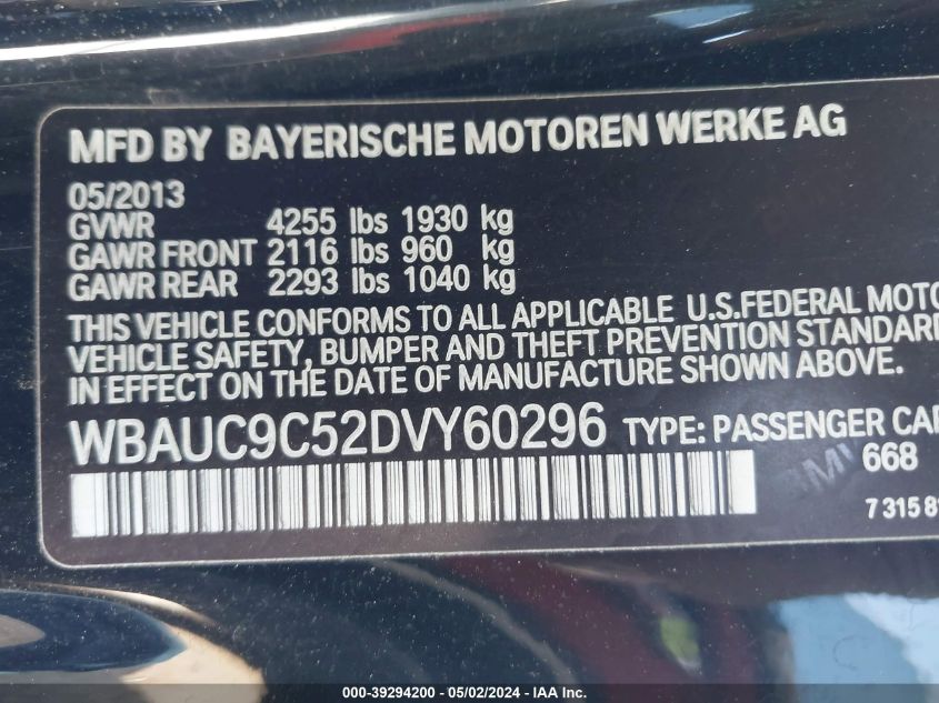 2013 BMW 135I VIN: WBAUC9C52DVY60296 Lot: 39294200