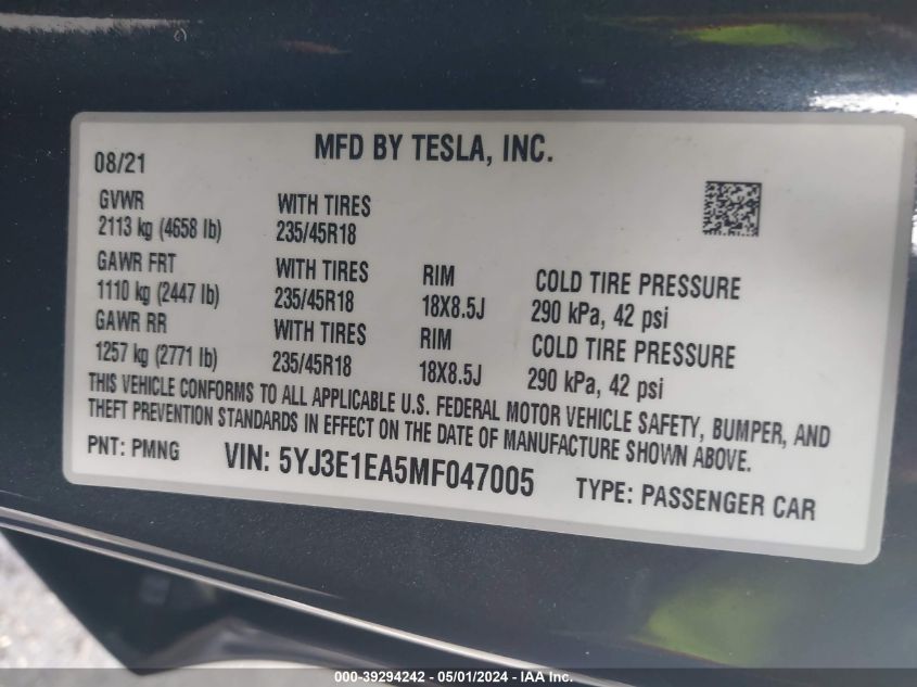 2021 Tesla Model 3 Standard Range Plus Rear-Wheel Drive VIN: 5YJ3E1EA5MF047005 Lot: 39294242