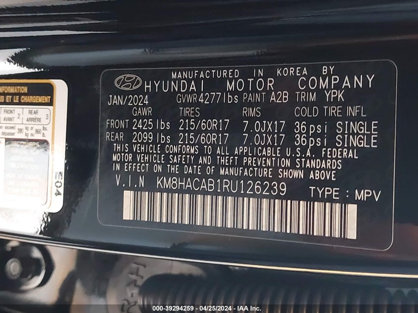 2024 HYUNDAI KONA SE - KM8HACAB1RU126239