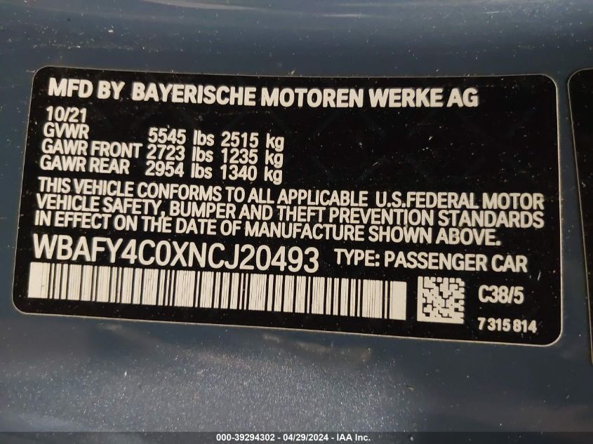 2022 BMW M850I xDrive VIN: WBAFY4C0XNCJ20493 Lot: 39294302
