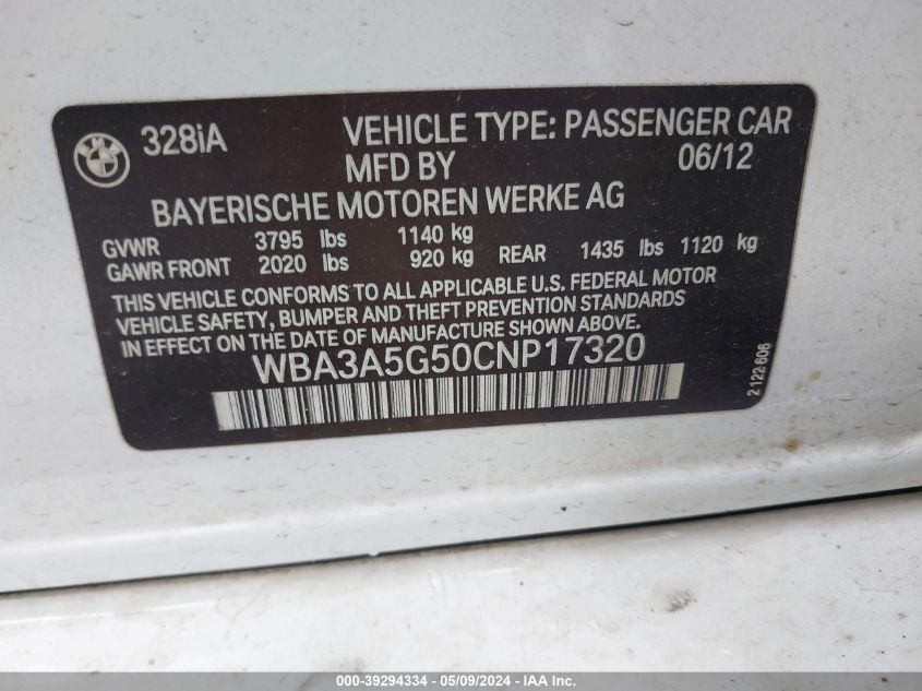 2012 BMW 328I VIN: WBA3A5G50CNP17320 Lot: 39294334