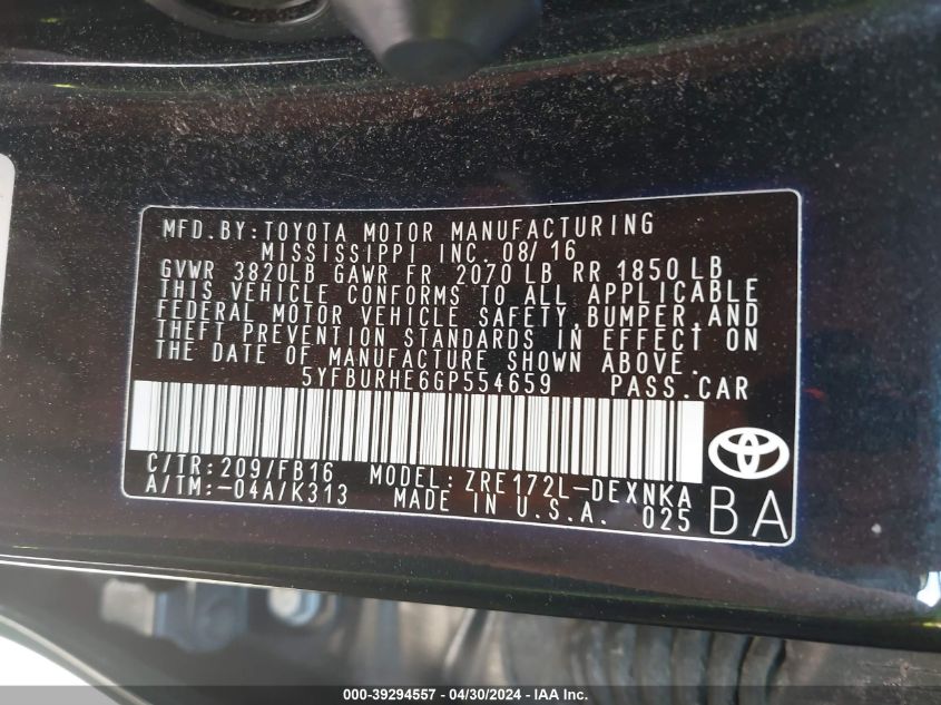 2016 TOYOTA COROLLA LE - 5YFBURHE6GP554659