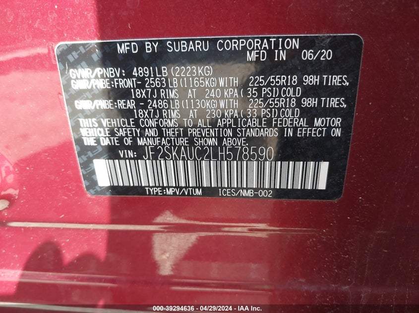 2020 SUBARU FORESTER LIMITED - JF2SKAUC2LH578590