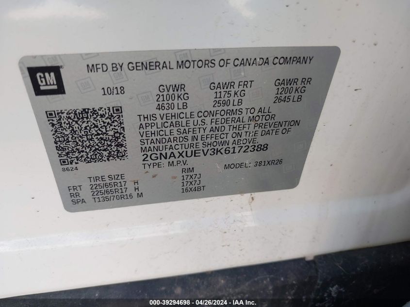 2019 CHEVROLET EQUINOX LT - 2GNAXUEV3K6172388