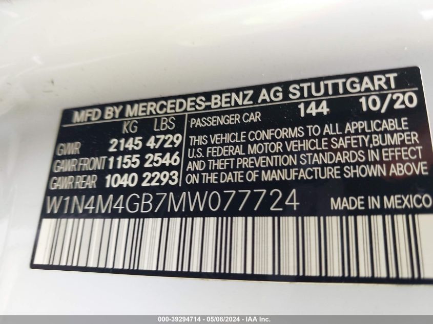 2021 Mercedes-Benz Glb 250 VIN: W1N4M4GB7MW077724 Lot: 39294714