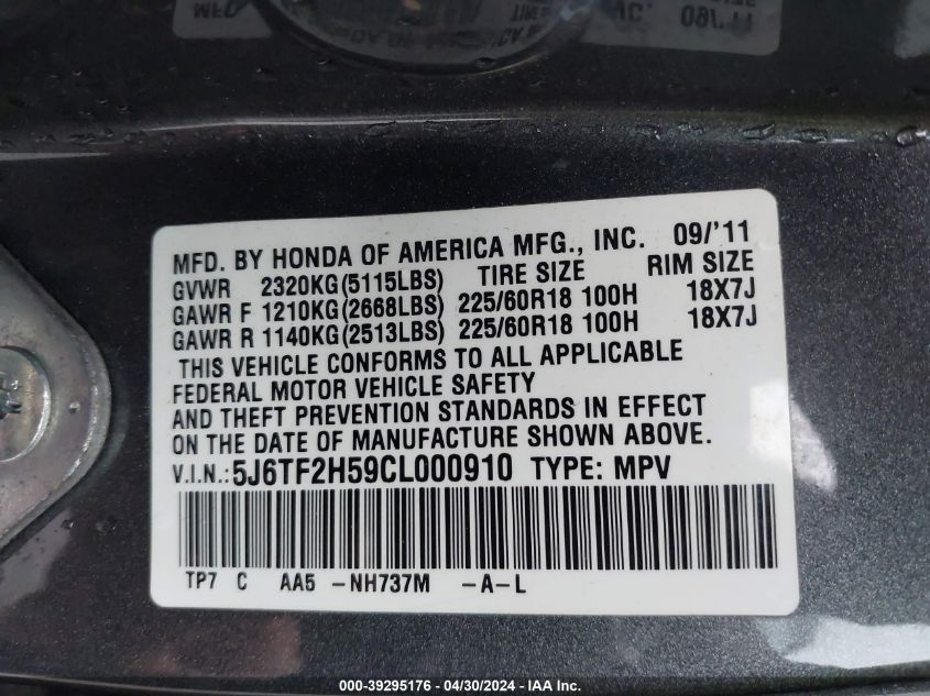 2012 Honda Crosstour Ex-L VIN: 5J6TF2H59CL000910 Lot: 39295176