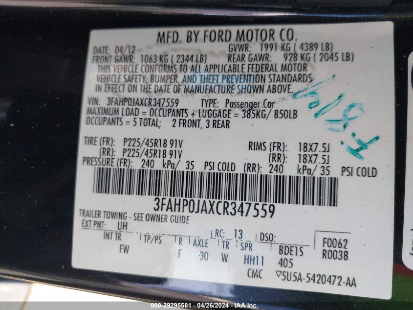 3FAHP0JAXCR347559 | 2012 FORD FUSION