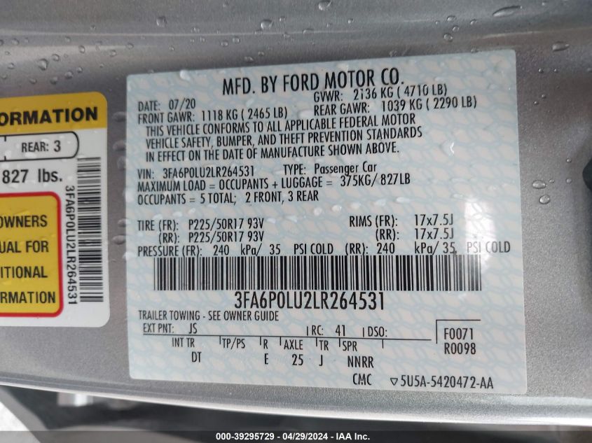 2020 Ford Fusion Hybrid Se VIN: 3FA6P0LU2LR264531 Lot: 39295729