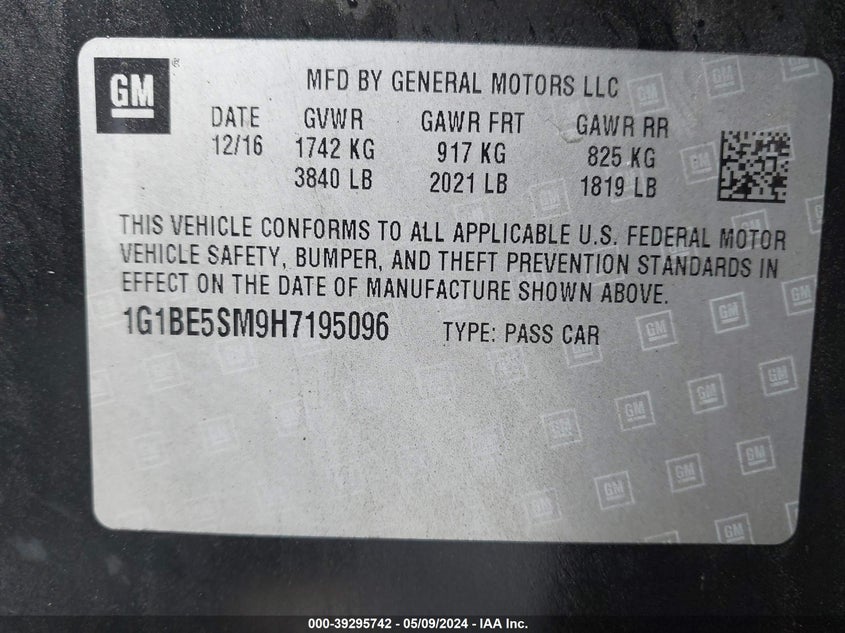 2017 CHEVROLET CRUZE LT AUTO - 1G1BE5SM9H7195096