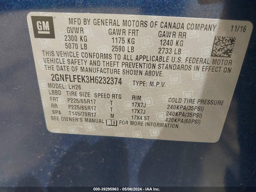 VIN 2GNFLFEK3H6232374 2017 CHEVROLET EQUINOX LT