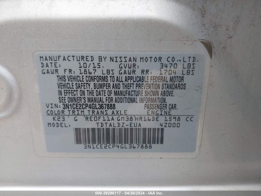 3N1CE2CP4GL367888 2016 Nissan Versa Note S (Sr)/S Plus/Sl/Sr/Sv