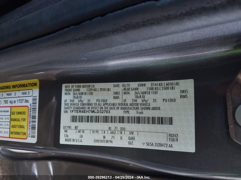 VIN 1FTER4EH7MLD32703 2021 FORD RANGER XLT