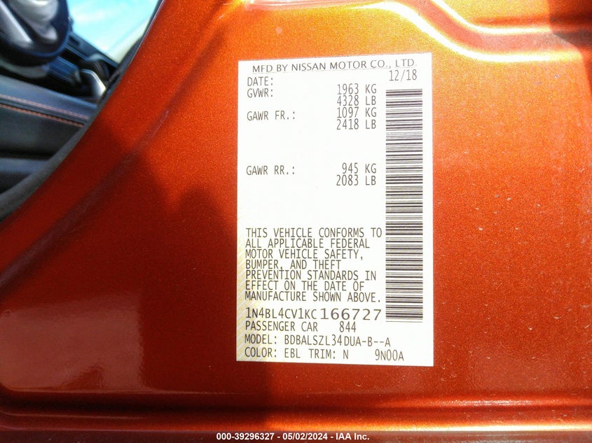 VIN 1N4BL4CV1KC166727 2019 NISSAN ALTIMA 2.5 SR