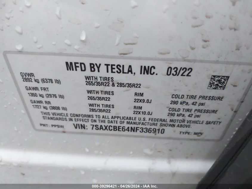 2022 Tesla Model X Plaid Tri Motor All-Wheel Drive VIN: 7SAXCBE64NF336910 Lot: 39296421