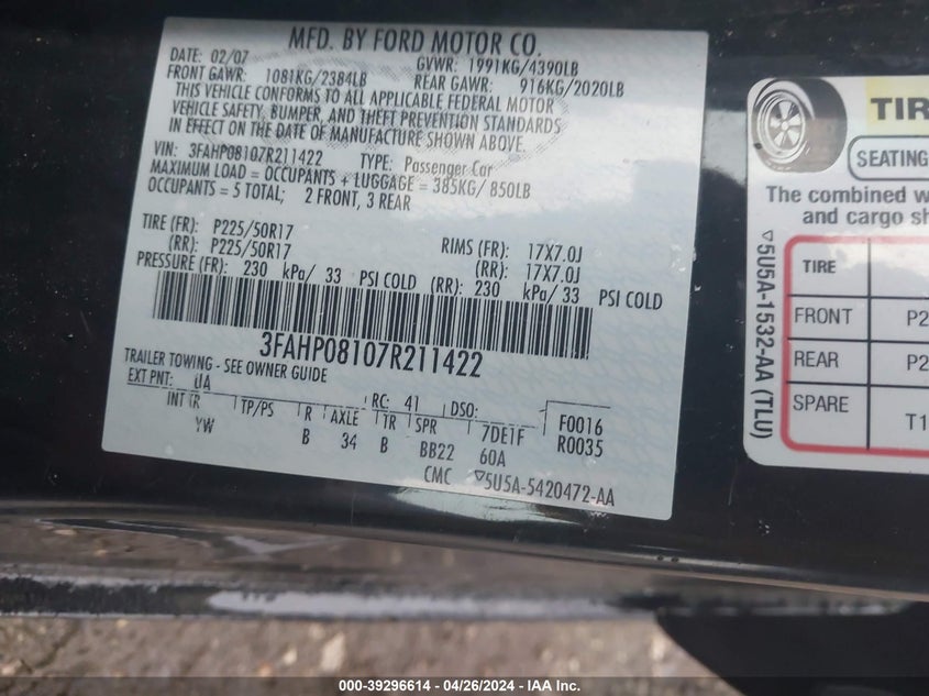2007 FORD FUSION VIN: 3FAHP08107R211422