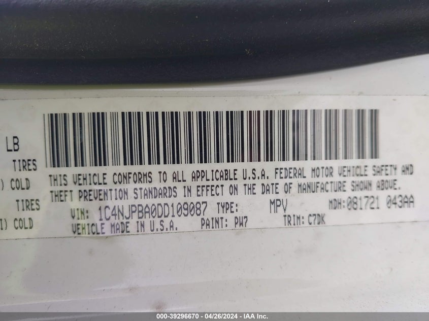 2013 JEEP PATRIOT SPORT - 1C4NJPBA0DD109087
