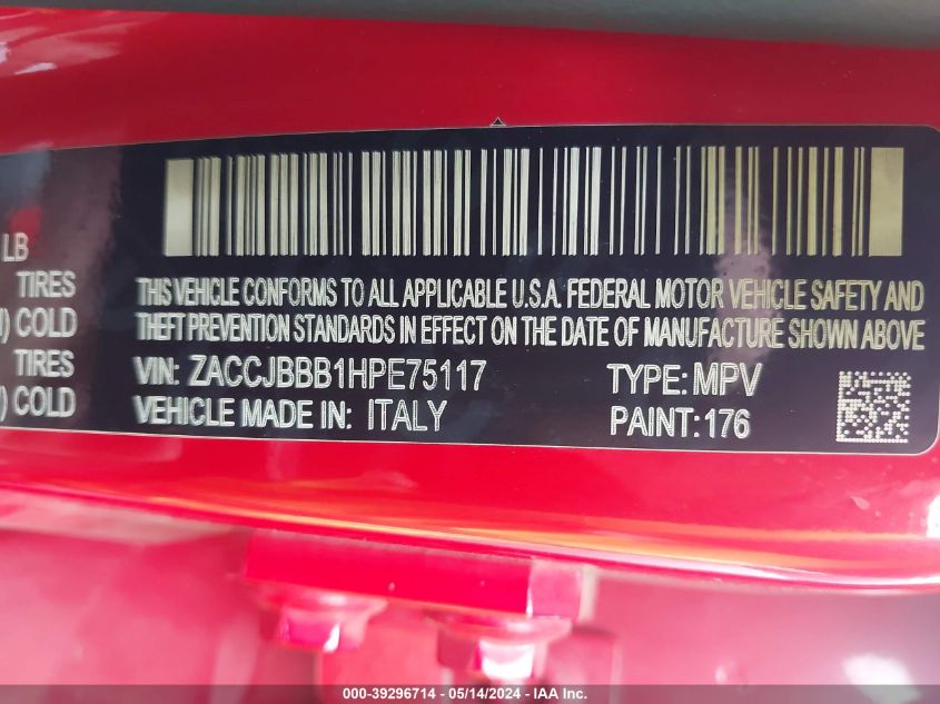 2017 Jeep Renegade Altitude 4X4 VIN: ZACCJBBB1HPE75117 Lot: 39296714