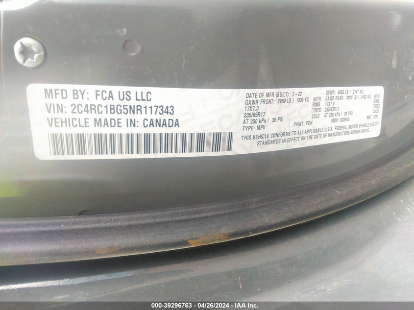 2022 CHRYSLER PACIFICA TOURING L - 2C4RC1BG5NR117343