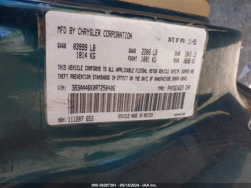 1994 Dodge Spirit VIN: 3B3AA46K0RT250406 Lot: 39297361