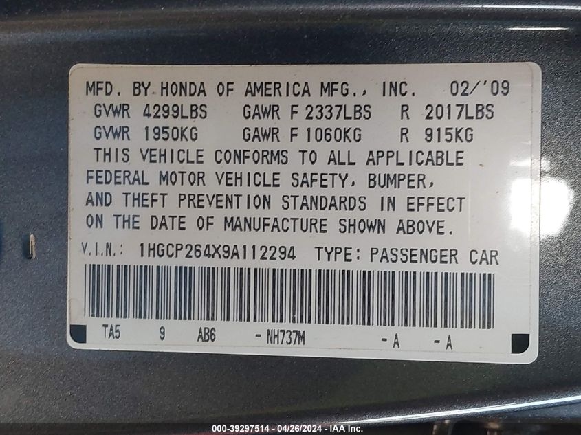 1HGCP264X9A112294 | 2009 HONDA ACCORD