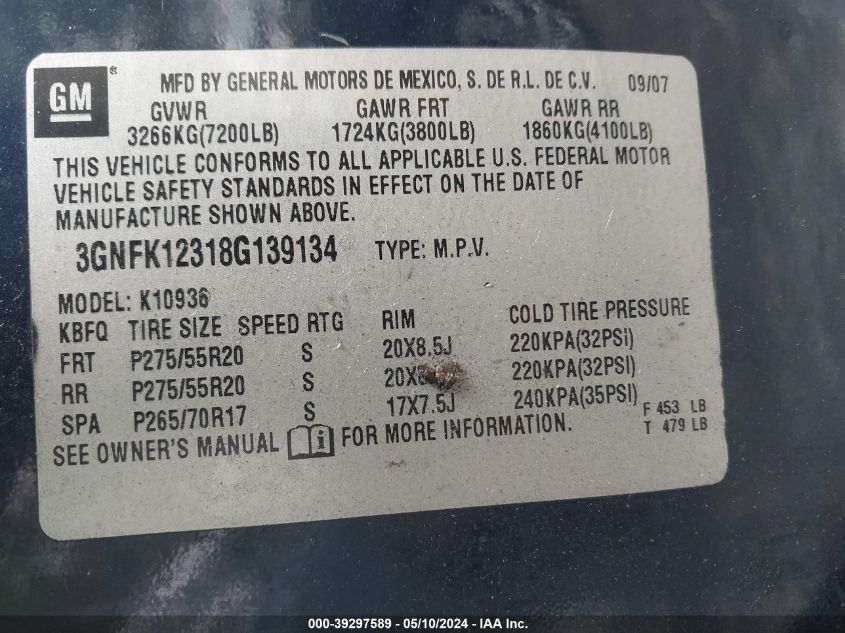 2008 Chevrolet Avalanche 1500 Ltz VIN: 3GNFK12318G139134 Lot: 39297589