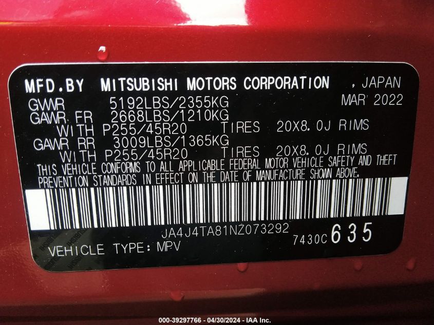 2022 Mitsubishi Outlander Es 2.5 S-Awc VIN: JA4J4TA81NZ073292 Lot: 39297766