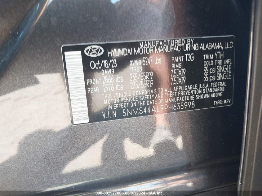 2023 Hyundai Santa Fe Limited VIN: 5NMS44AL9PH635998 Lot: 39297786